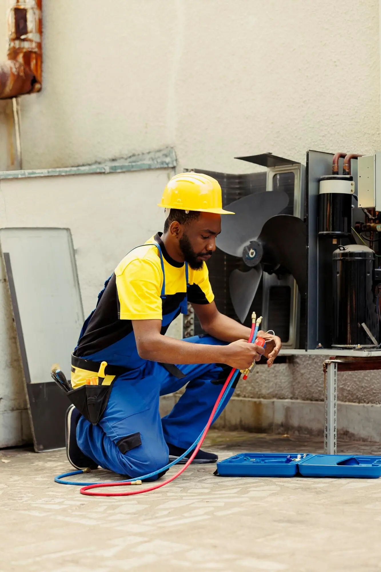 Engineer assembling manometers on an HVAC unit